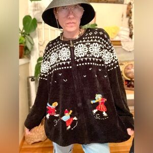 Vintage Chenille Fair Aisle Sweater Cardigan Snowflakes and Skaters Zip Up